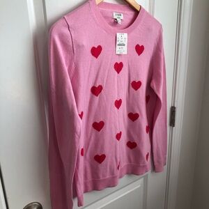 J. Crew Teddie Pink Heart Sweater Red Hearts Crewneck medium women’s J Crew